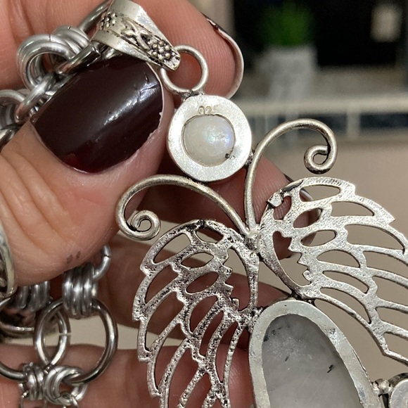 925 sterling silver overlay butterfly iridescent moonstone & quartz gem necklace - Picture 12 of 12